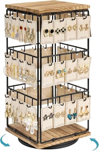 Emfogoo Porta Orecchini, Espositore Orecchini Rotante a 360°, Porta Gioielli a 3 Livelli con 48 Ganci, Vassoio in Legno, Espositore Gioielli per Rivenditori di Orecchini, Borchie, Collane, Bracciali