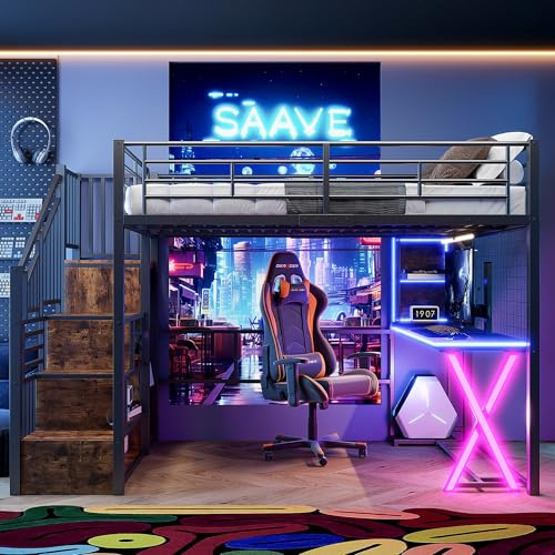 LED Hochbett 140x200 cm mit Schreibtisch, Bücherregal, Treppe und Kleiderschrank, Etagenbett mit Lattenrost, Funktionsbett Metallbett Spielbett Kinderhochbett Jugendhochbett, ohne Matratze, Schwarz