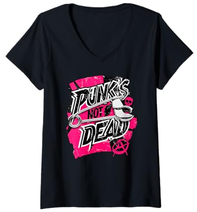Damen Punk's Not Dead Pink & Black Punk Rock Music Rebel Aesthetic T-Shirt mit V-Ausschnitt
