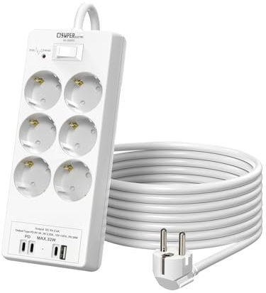 Steckdosenleiste 6-Fach mit USB-PD-Schnellladung MAX 32W,Wandmontage(4000W),Steckdose mit Schalter und 2M Kabel Steckdosenleiste Wandmontage für Smartphones, Laptop