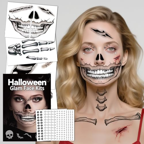 Acevegue Halloween Skelett Tattoo Gesicht 10 Blätter, Halloween Schminke Erwachsene Accessoires Damen Herren Gesichtstattoo, Make Up Mund Totenkopf Tattoo Sticker Aufkleber Kostüm Zubehör