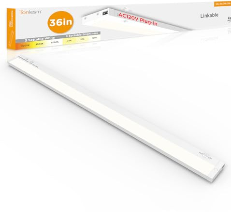 Tonlesm 36 Inch Under Cabinet Lighting Plug in, 20W 120V 3 Color 3000K/4000K/5000K, 3 Brightness, Super Bright, Ultra Thin Under Counter Lights for Kitchen, Linkable LED Cabinet Light, White