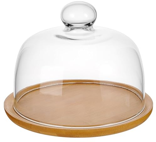 NBEADS Mini Bamboo Cake Glass Dome with Base, Clear Glass Bell Jar Cover, 20.5×16cm