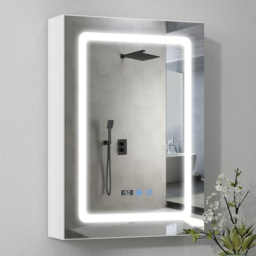 ARTETHYS Bathroom Mirror Cabinets, 70x50cm Bathroom Cabinet with LED Mirror | 3 Color Lights, Mirrored Wall Cabinet with USB and Type C Charging Ports, Adjustable Shelves, White