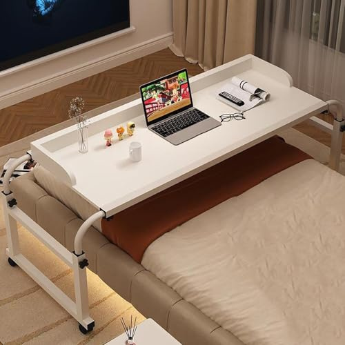 Scrivania da letto regolabile in altezza con ruote, tavolo girevole moderno, 65-95 cm, piano di lavoro allungabile da 115 a 210 cm, per laptop, lettura, gioco, bianco