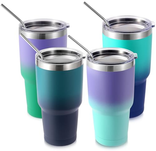 Volhoply 900 ml 305 ml isolerad glas med lock och sugrör, dubbelvägg inre och yttre 304 rostfritt stål tumlare bulk, pulverlackerad kaffekopp för kontor, hem, resor (blandade, 4-pack)