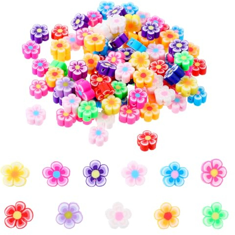 Lot de 100 perles en forme de fleurs à enfiler - Perles créatives en argile polymère - Perles d'argile - Kit de fabrication de bracelets - Perles pour bricolage, collier, boucles d'oreilles