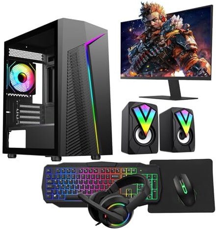 Gaming PC – Intel Core i5, GT 730 4GB Graphics, 16GB RAM, 1TB HDD + 128GB SSD, Windows 11 Pro, 22 Monitor, Keyboard, Mouse, Headset – High-Performance Gaming PC Bundle (Alpha Black)