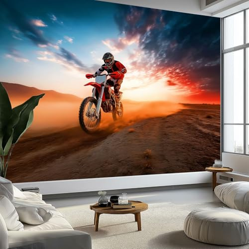 Papier Peint Intissé Photographie Coucher De Soleil Moto Tout-Terrain 350 x 256 cm Papier Peint Photo Panoramique, Orange Poster Mural Personnalisé pour Salon Cuisines Chambre Adulte Enfant Murale