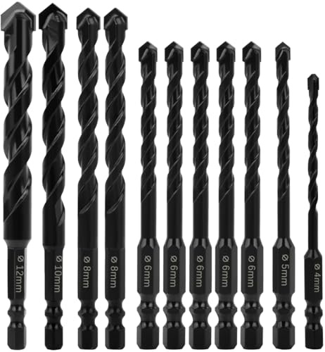 Tile Drill Bits Set 11PCS 6mm Masonry Drill Bits Set, Carbide Concrete Drill Bit Porcelain Tile Drill Bits Hex Shank for Concrete/Glass/Brick/Plastic/Cement/Tiles/Wood/Ceramic/Stone, 4/5/6/8/10/12mm
