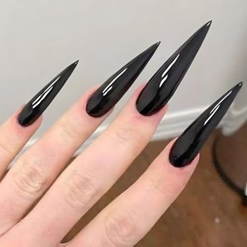 Clawrex Press on Nails Lange Stiletto, 24 Stück Schwarz Almond Nägel zum Aufkleben, Full Cover Fingernägel Mit Nagelkleber, Black Soft Gel Fake Nails für Frauen, Artificial Künstliche Nagel Nail Art