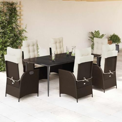 QJBSAVVA 7-TLG. Gartenmöbel Set aus braunem Poly-Rattan mit verstellbaren Relaxsesseln 200 x 100 cm Gartentisch Hartglas Tischplatte Outdoor Essgruppe für Terrasse Balkon und Camping