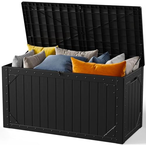 MAKE CHANGES 100 Gallon Outdoor Storage Box, Waterproof Resin Deck Box Organizer for Patio Cushion Storage, Lockable Outside Container for Garden Tools