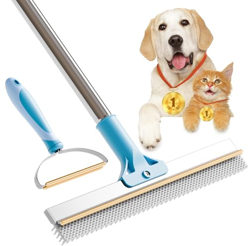 WhiffleTails Carpet Scraper & Dog Hair Remover for Carpet, 2 Piece Set | Long-handle rake with copper and silicone edges for high-pile rugs, carpet & stairs, plus a handheld remover for car seats