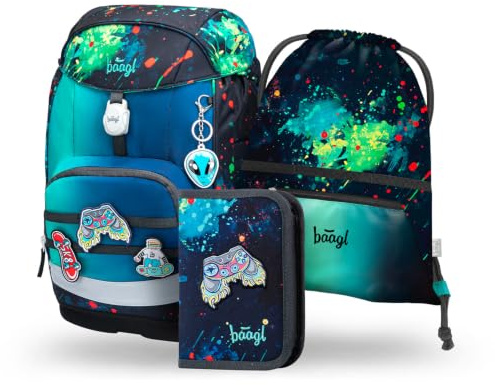 Baagl Airy Plus Schulranzen-Set 3-teilig, 25 l, ab 130 cm (Chill) | Isoliertes Snackfach; Magnetverschluss; Brust- und abnehmbarer Hüftgurt