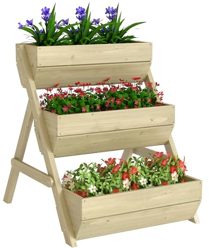 Outsunny Vertikal upphöjd säng med 3 våningar, vertikal bädd av trä, blomlåda med 3 planteringslådor, dräneringshål, blomrabatt, växttrappa för terrass, balkong, trädgård, 65 x 75 x 76 cm, grön