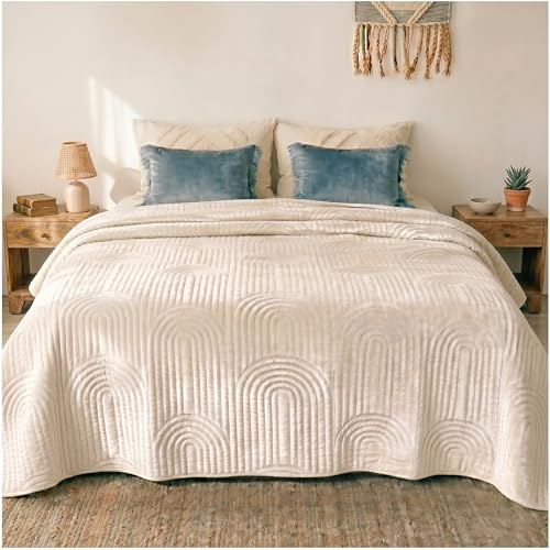 CalmyHOME Tagesdecke 170x220 Bettüberwurf Tagesdecken - Boho Style Samt Decke Bett Überwurf Bedspread Sofaüberwurf Sofa Steppdecke Überwurfdecke Überdecke, Creme