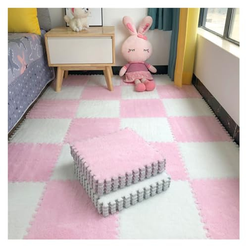 Plüsch-Schaum-Puzzlematte 30 x 1 cm, weiche Plüschmatte, Eva-Schaum, Puzzle-Teppich, warme ineinandergreifende Teppiche, Säuglingsteppich(White-Pink,4PCS)
