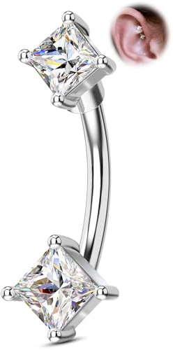 OUFER 16G Silver Rook Piercing Jewellery 316L Surgical Steel with Square CZ, 8 mm Rook Earring Eyebrow Bar for Women, Minimalist Eyebrow Piercing for Daily Wear
