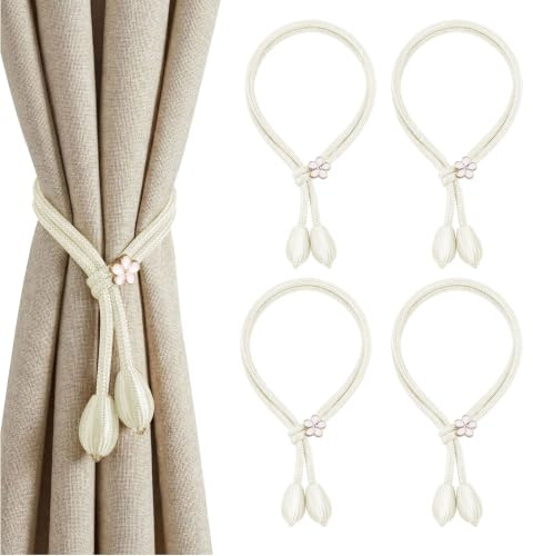 TheJuns Alzapaños Cortinas, 4 Piezas Abrazaderas para Cortinas de Flores, Cuerda de Cortineros Decorativos para Dormitorio, Salón, Oficina - Blanco