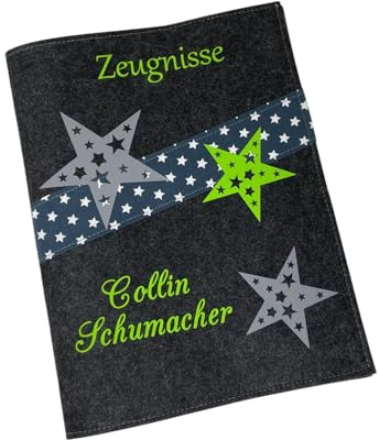 Zeugnismappe mit Namen - Mädchen und Jungen - Personalisiert Filz A4 Stern Grün - Dokumenten Urkunden Mappe Kinder - Hefter Zeugnisse - Sichtbuch