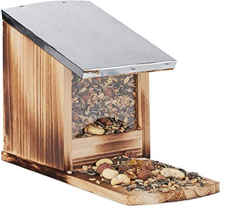 Relaxdays Eichhörnchen Futterhaus, Holz Futterstation, wetterfest, Metalldach, Eichhörnchen Kobel zum Stellen, geflammt, Braun