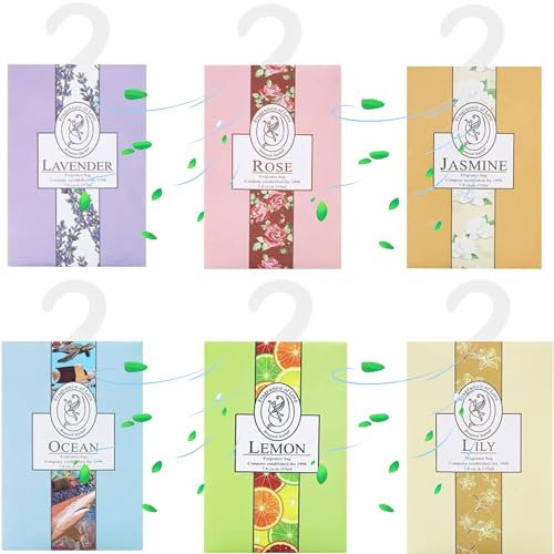 WDEC Kleiderschrank Aromatherapie Kleiderbügel, Beutel, Duftsäckchen Für Schubladen, Schränke, Schränke, Badezimmerautos, 6 * 20g Stück Lavendel, Jasmin, Lilie, Rose, Ozean, Zitrone