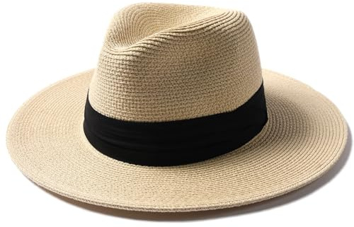 FURTALK Sun Hats for Women Men Panama Hat Wide Brim Fedora Straw Beach Hat UV UPF 80+ Beach Vacation Essentials Black-Beige