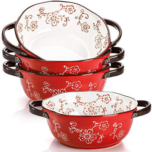AVLA 4 Pack Ceramic Soup Bowls, 625ml Porcelain Serving Bowl Set with Doundle Handle, Large Ceramic Crocks for French Onion Soup, Stew, Pasta, Cereal, Pot Pies (Red)