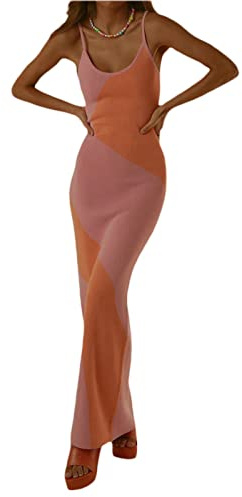 Fabumily Sexy Knit Bodycon Dress for Women Sleeveless Spaghetti Strap Cut Out Maxi Dress Backless Y2K Summer Beach Dresses (A- Pink & Orange, S)