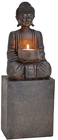 hegehof Buddha-Figur Teelichthalter, auf einem hohen Sockel sitzend, meditierend, schwarz | Kerzenhalter, Skulptur, Statue, Deko-Artikel, Deko-Figur, H 35 cm