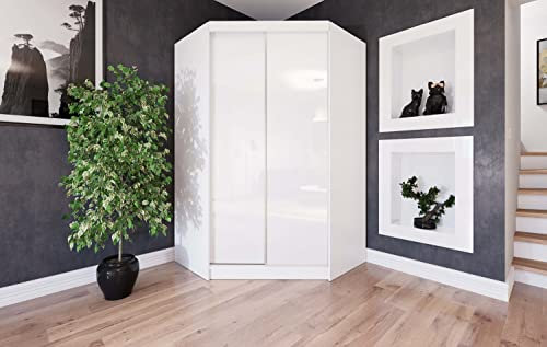 Marlux-Meble Eckschrank 132 cm breit mit Schwebe & Schiebetüren Eckkleiderschrank Garderobenschrank Schlafzimmerschrank Dielenschrank Systemschrank Hochglanz Schrank