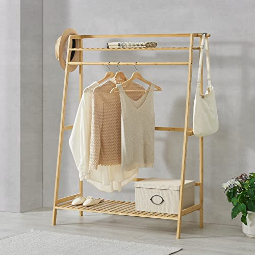 [en.casa] Armario para Ropa Clóset con 2 Estantes 2 Ganchos para Zapatos Bolsos Sombreros 1 Barra de Colgar Perchero Burro de Bambú Práctico 139 x 100 x 40 cm Natural