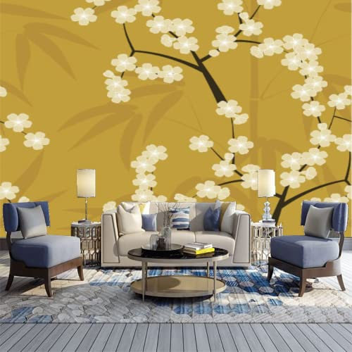 GIVLWF Papier Peint Panoramique Bambou Japonais Et Fleurs De Cerisier, Fond Jaune Rétro Poster Murale Intissé - pour Chambre Salon Décoration Murale 450 x 315 cm