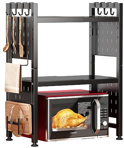 Kitstorack Adjustable Microwave Stand,Microwave Oven Rack Shelf Heavy Duty 3-Tier Shelf with 4 Hooks for Kitchen Shelves Counter Top Organizer, Holds 180lbs,Cutting Boards Stand
