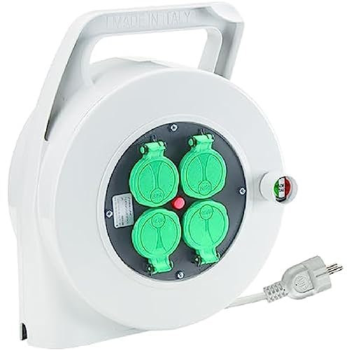 FANTON 01351FR - Avvolgicavo PUMA Ø 245 mm. Cavo 20 m. 3G1,5 H05VV-F, spina angolata francese/tedesco 2P+T 16A, 4 prese francesi 2P+T 16A IP44, presa disco Ø 145 mm + interruttore termico