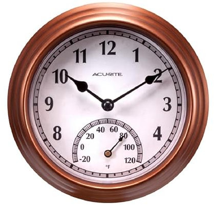 AcuRite 02423LA2: 8.5-Inch Indoor/Outdoor Round Analog Clock & Thermometer, All-Weather Frame, Copper Finish, Quartz Timekeeping