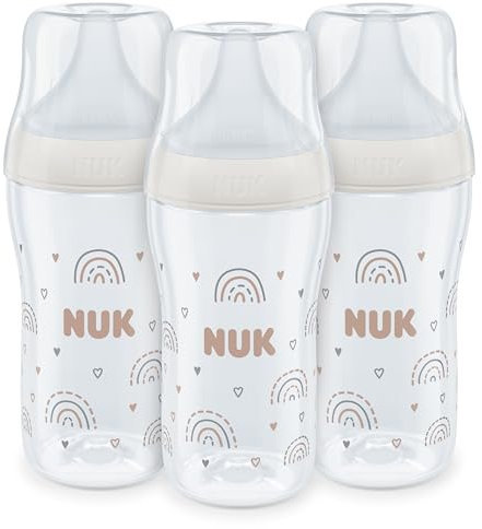 NUK Perfect Match Baby Bottles Set | 3+ Months | Adapts to Baby's Palate | Temperature Control | Anti Colic Vent | 260 ml | BPA-Free | Medium Silicone Teat | Rainbow | 3 Count