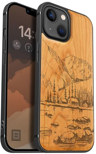 Carveit Holz Handyhülle für iPhone 13 Handyhulle kompatibel mit MagSafe Massivholz für Apple 13 Handyhülle Stoßfeste Stoßstange Weich TPU hulle（Kirschholz-Seen und Berge）