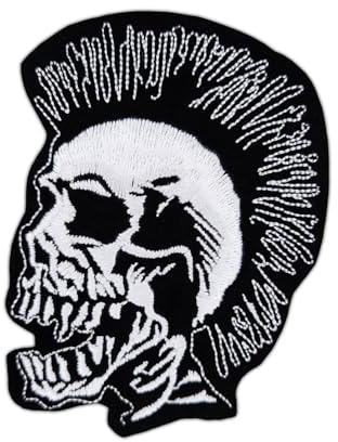 Totenkopf Punk Groß Iro Aufnäher zum aufbügeln oder aufnähen Bügelbild Aufbügler für Kleidung gestickter Bügelpatch Applikation Patch Größe 8 x 10,5 cm