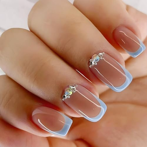 Ceboic 24 Stück Nägel Zum Aufkleben Kurz, Nude Rosa Eckig French Kunstnägel Press on Nails Ballerina Künstliche Nägel mit Blau Rand Designs, Square Acryl Fingernägel zum Aufkleben für Frauen Mädchen