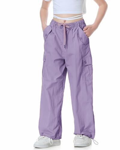 Rolanko Pantalón Cargo Paracaídas Holgado para Niña, Y2K Vintage Joggers con Cintura Elástica Ajustable para Niños Fit, Morado, Talla:130