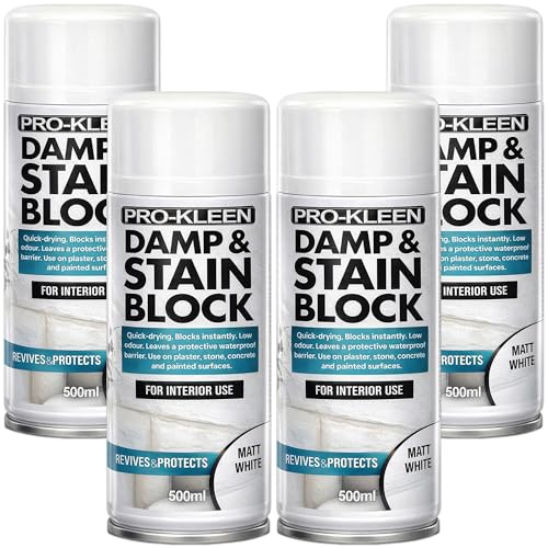 Pro-Kleen Damp & Stain Block Spray Paint Primer White Matt 4 x 500ml - Covers Damp, Mould, Grease, Nicotine & Rust Stains - for Walls & Ceilings - Leaves a Waterproof Barrier