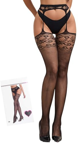 ohyeahlady Strumpor Kvinnor Sexiga Strumpbyxor Plus Size Mesh Mjuk Spets Svart Med Strumpeband Sexydonna Hard Stretch Hot Curvy Underkläder Underkläder, Svart, 3XL-5XL