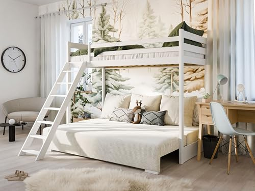Kids Collective Hochbett Sofa 90x200cm weiß mit Schlafsofa 140x200cm Couch in Cord-Stoff Creme OEKO-TEX100 mit 3 Kissen Etagenbett Stockbett mit Leiter & Schlafcouch 200x140 von 4. bis 18. Lebensjahr