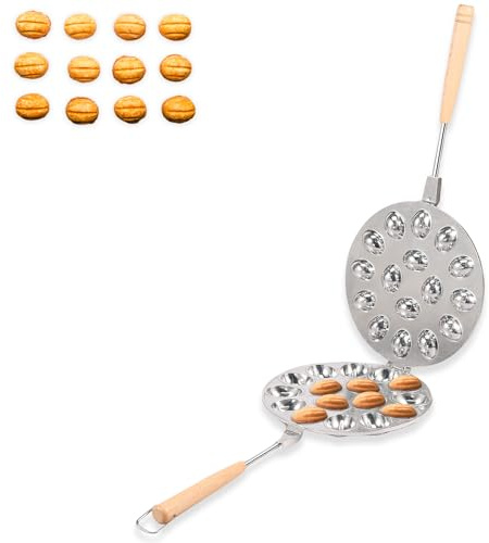 Stampo per biscotti a forma di noce con manico in legno, 16 fori in lega di alluminio, Stampo per biscotti a forma di noce versatile, rivestimento antiaderente, forma Oreshki efficiente, stampo per