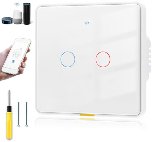 Acmerota 2 Gang WiFi Smart Touch Switch Smart Light Switch Universal Wiring Method (No Neutral+ Have Neutral) Wall Light Switches Remote Control Without Internet Switches Work with Alexa&Google