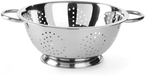 HENDI Passoire de cuisine, egouttoir, tamis pour la cuisine et le lavage des pâtes, des nouilles, des fruits, des légumes, des salades, rond, perforée, avec base et 2 poignées, ø280x(H)135 mm, Inox
