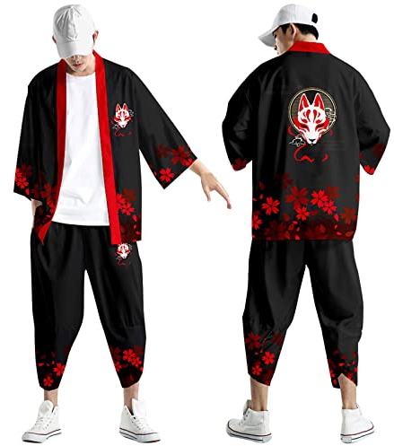 Ensemble cardigan kimono japonais pour homme style chinois imprimé veste pantalon ensemble ouvert sur le devant sept manches haut