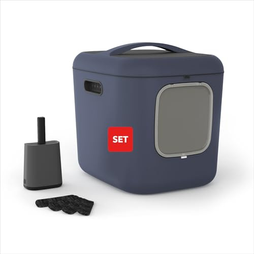 Rotho MyPet Bea Katzenklo XXL Katzentoilette mit Schaufel und Deckel Blau | Katzenklo mit Deckel, Aktivkohlefilter zur Geruchsneutralisierung, Magnetklappe, Deckel einhändig abnehmbar, 4 Ersatzfilter
